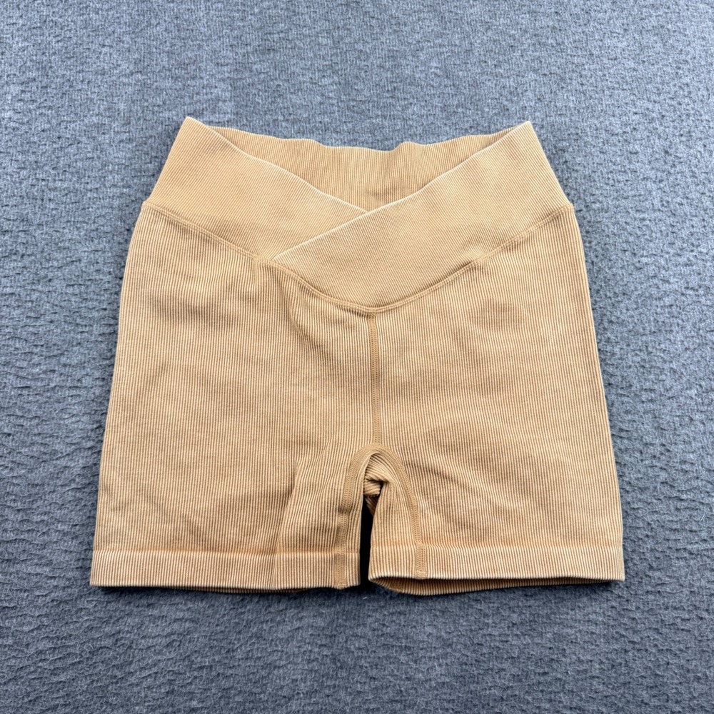 JoyLab Women's M Ribbed‎ Crossover V-Waist Biker Shorts Tan Camel Athletic Yoga